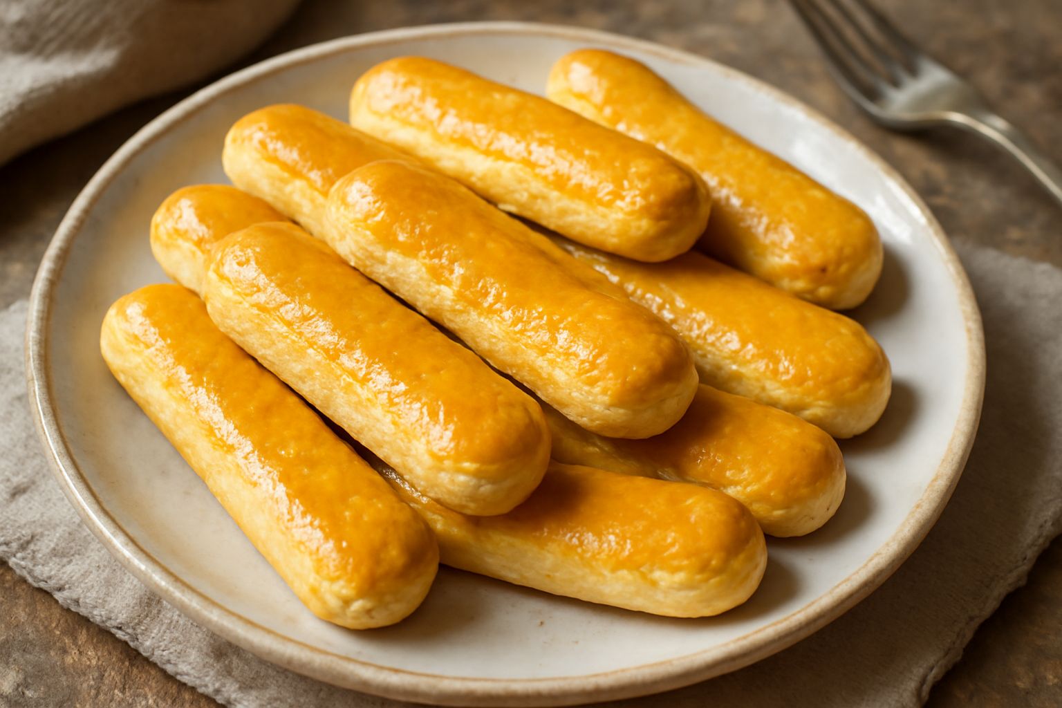 Biscotti savoiardi disposti in fila su una carta bianca, color giallo oro, con forma allungata e superficie leggermente increspata dal pennello di uovo, sfondo cucina sfumato