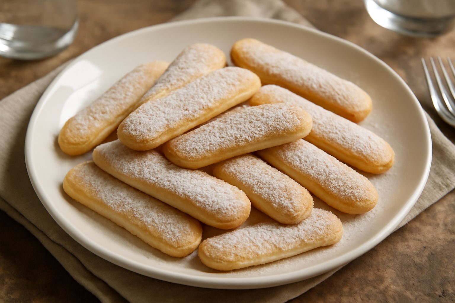 Una decina di biscotti savoiardi allungati, di colore dorato chiaro, disposti in fila su un piatto bianco. Superficie lievemente rugosa e granulosa, spolverate di zucchero a velo. Sfondo grigio neutro