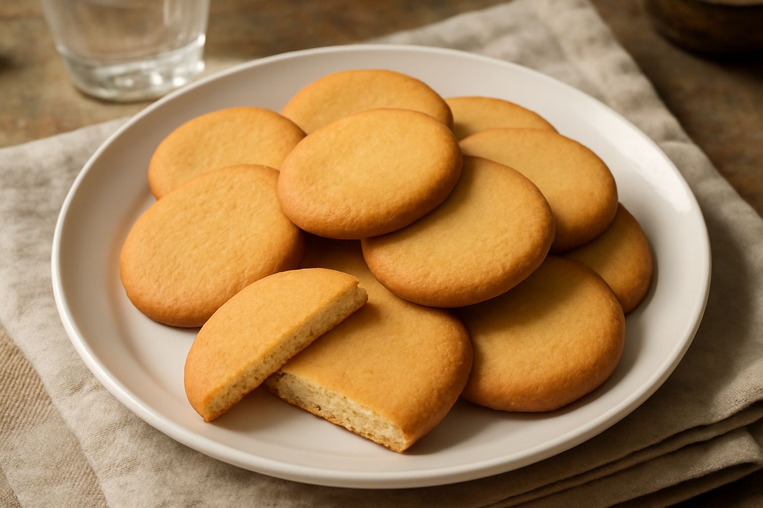 Una decina di biscotti rettangolari color oro con bordi dorati, disposti su un piatto bianco di ceramica, con una tazza di tè sfumato alle spalle