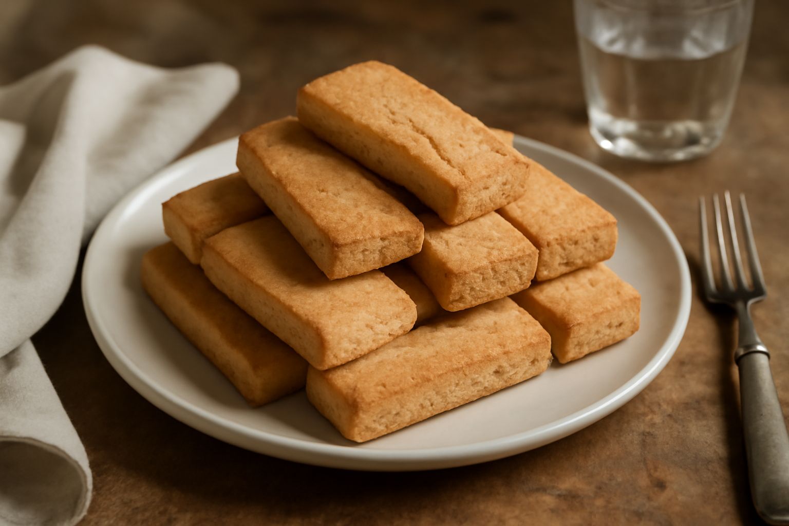 Biscotti secchi rettangolari color oro pallido impilati su un piatto bianco, con una superficie ruvida e pori visibili, accanto a una tazza di caffè scuro