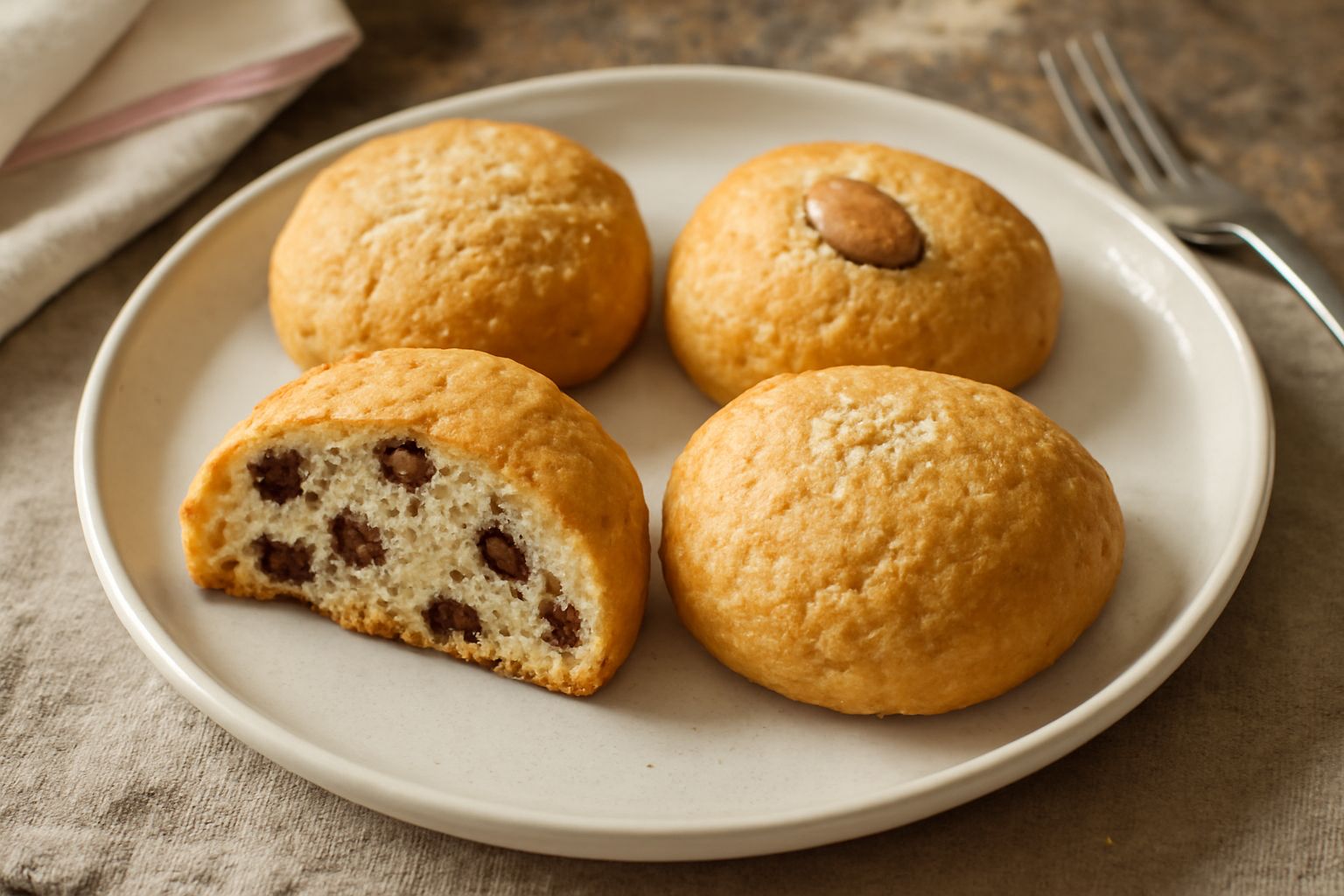 Biscotti siciliani tondi e dorati, ricoperti di granella di zucchero e mandorle, disposti su un piatto di ceramica bianca. Alcuni sono spezzati per mostrare l'interno con uvetta e mandorle. Sullo sfon