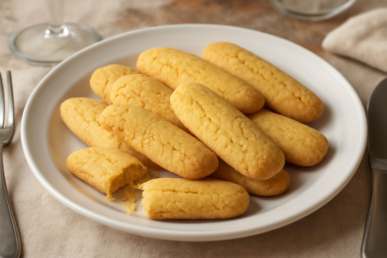 Biscotti dorati friabili disposti su una tavola di legno, con superficie leggermente screpolata e colore giallo paglierino uniforme, accanto a una tazza di caffè
