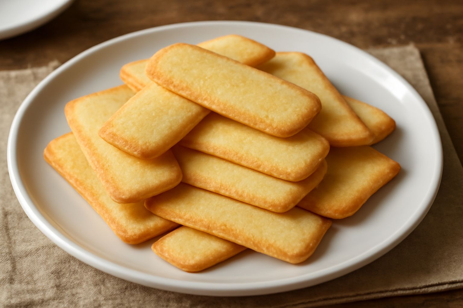 Biscotti gialli e dorati sottilissimi, a forma rettangolare, disposti in piedi su un piatto bianco con un bicchiere di latte sfocato sullo sfondo