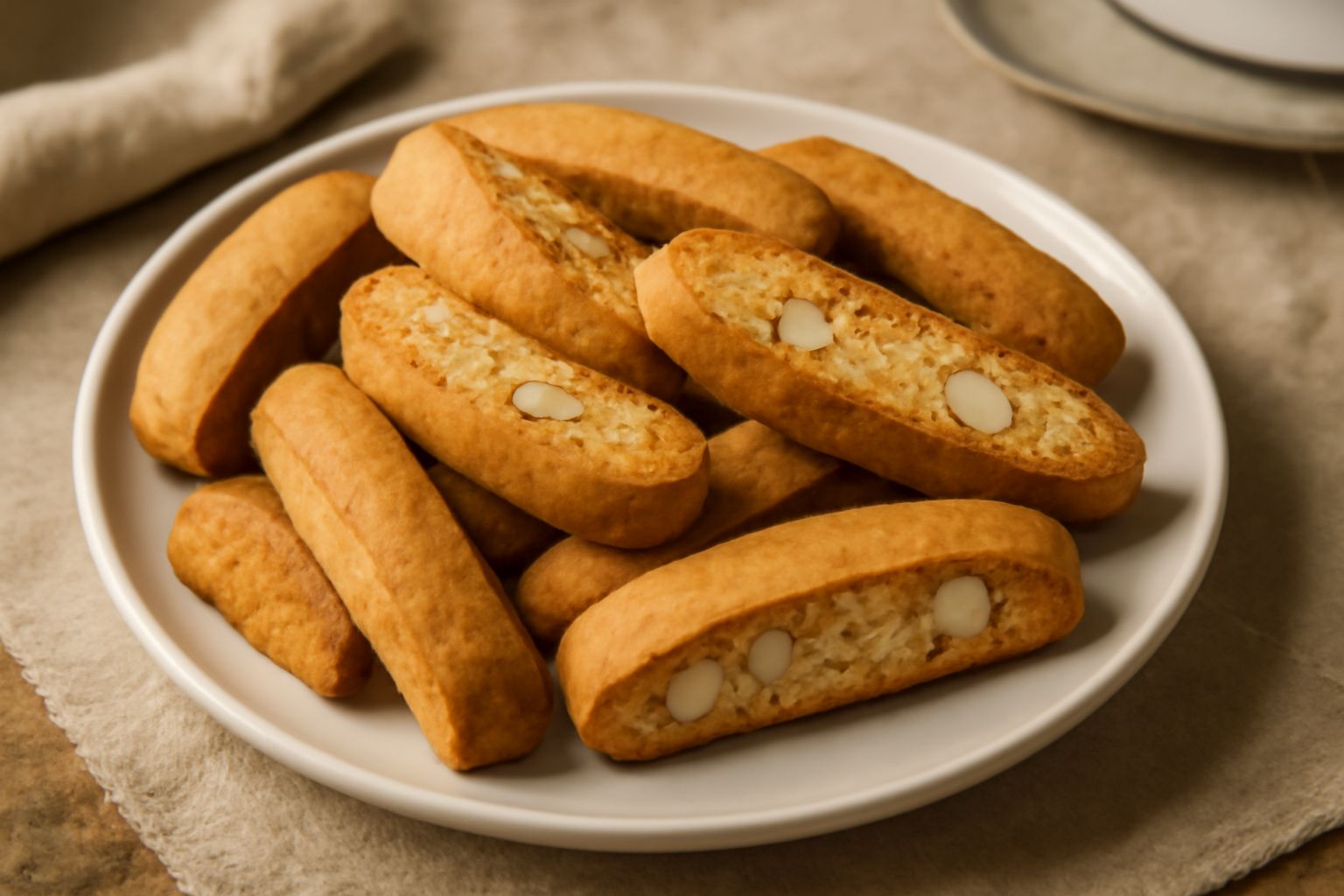 Biscotti toscani croccanti disposti su una tavola di legno, di forma oblunga e spessore uniforme, con sfumature dorate e tagli trasversali visibili, accanto a un bicchiere di vino rosso