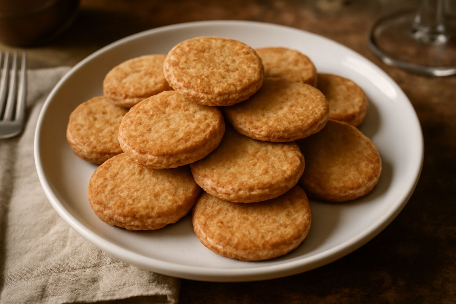 Biscotti sardi tondi e dorati impilati su una ciotola di ceramica bianca, con gocce di miele e mandorle tostate accanto, su sfondo neutro di legno naturale