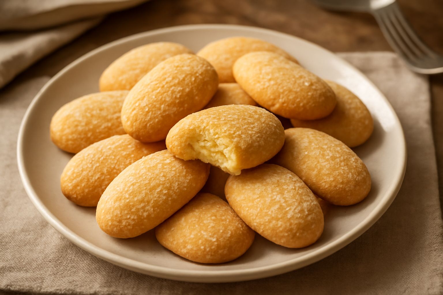 Biscottini dorati e croccanti disposti su un piatto di ceramica bianca, sfondo neutro, alcuni spezzati per mostrare l'interno a micrilla
