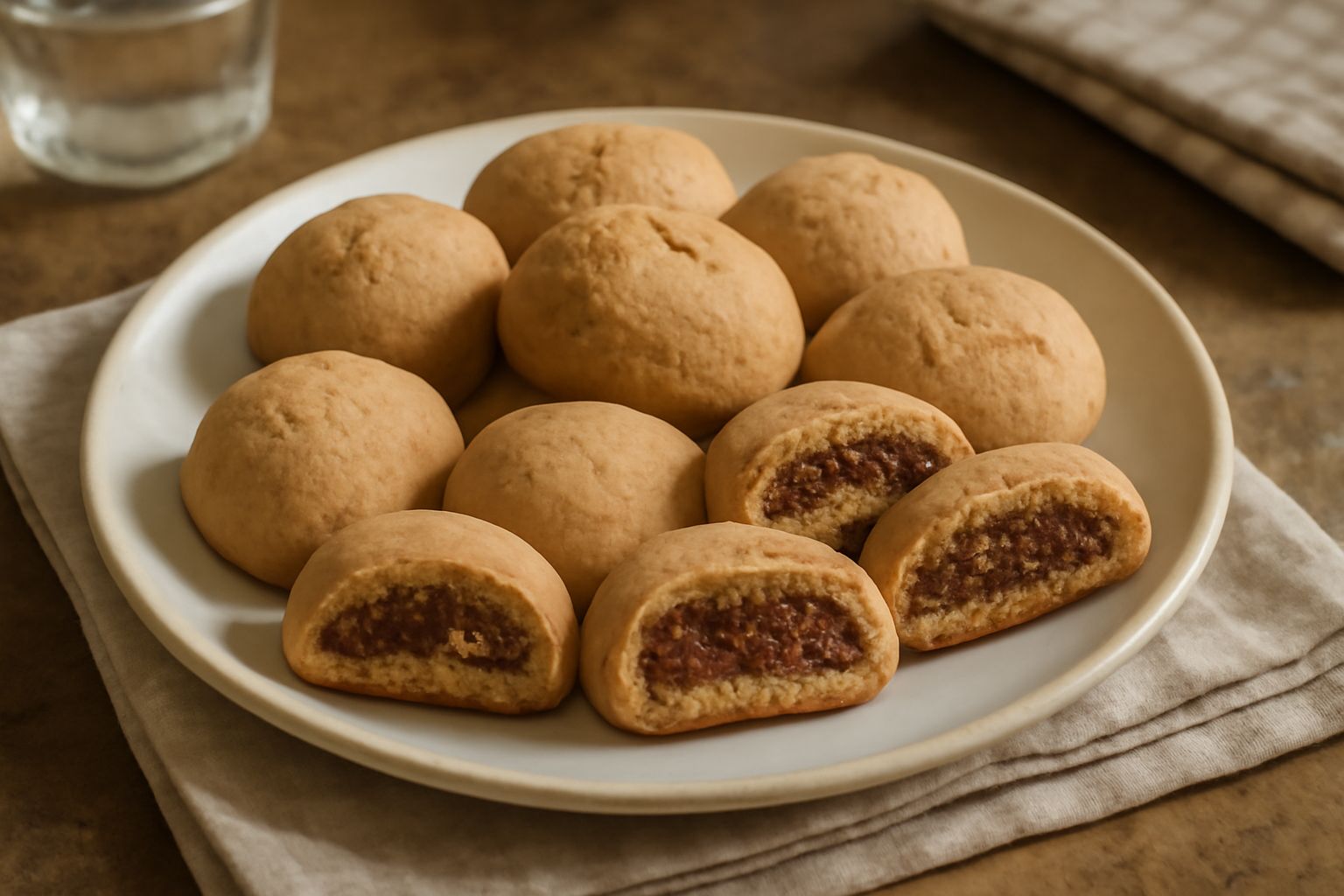Biscottini ai fichi color nocciola disposti su un piatto bianco, superficie rugosa e dorata, fichi visibili all'interno, contorno di carta da forno
