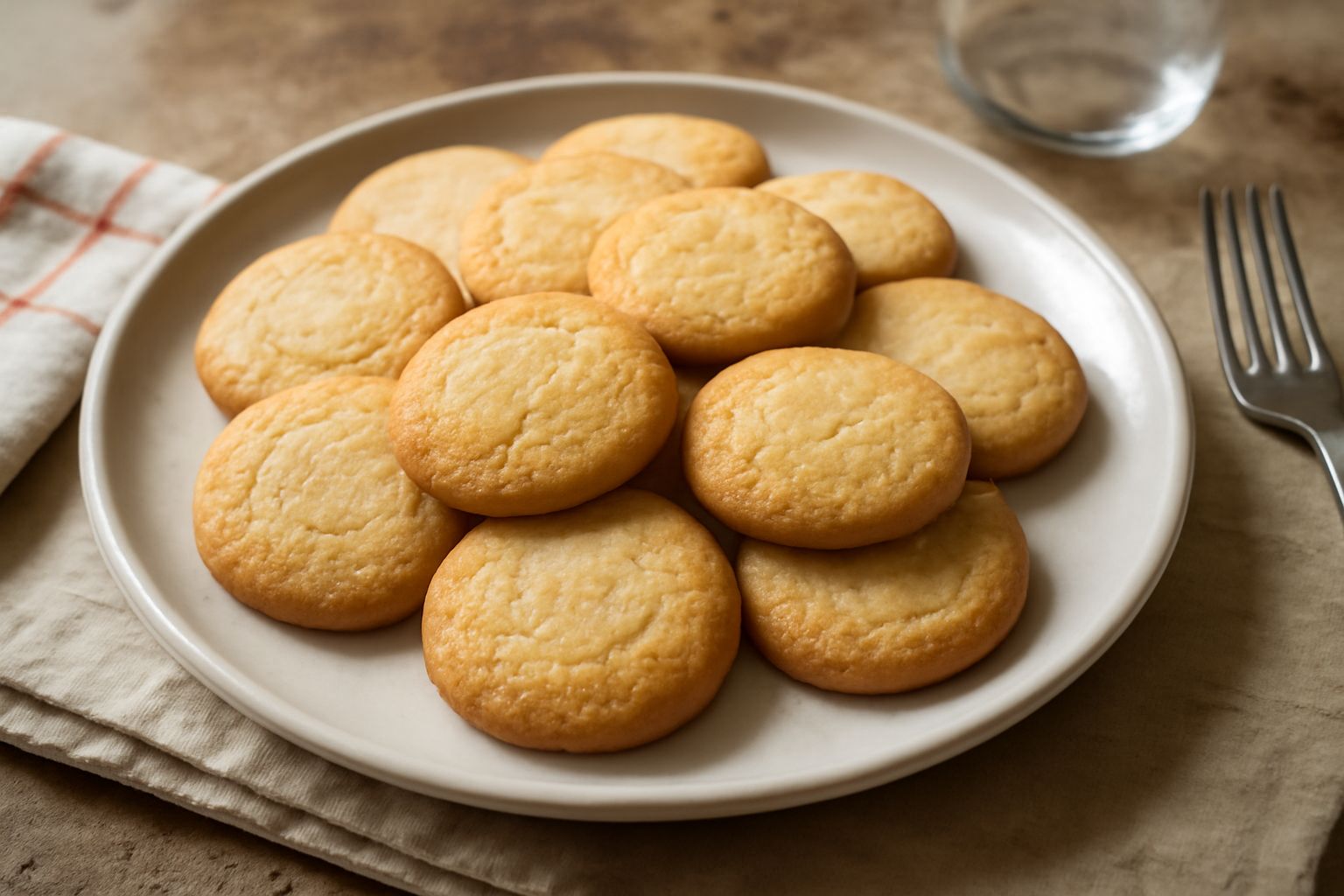 Biscottini al burro dorati e croccanti disposti in piramide su una carta da forno, con superficie liscia e bordi leggermente più scuri, accanto a una tazza di latte