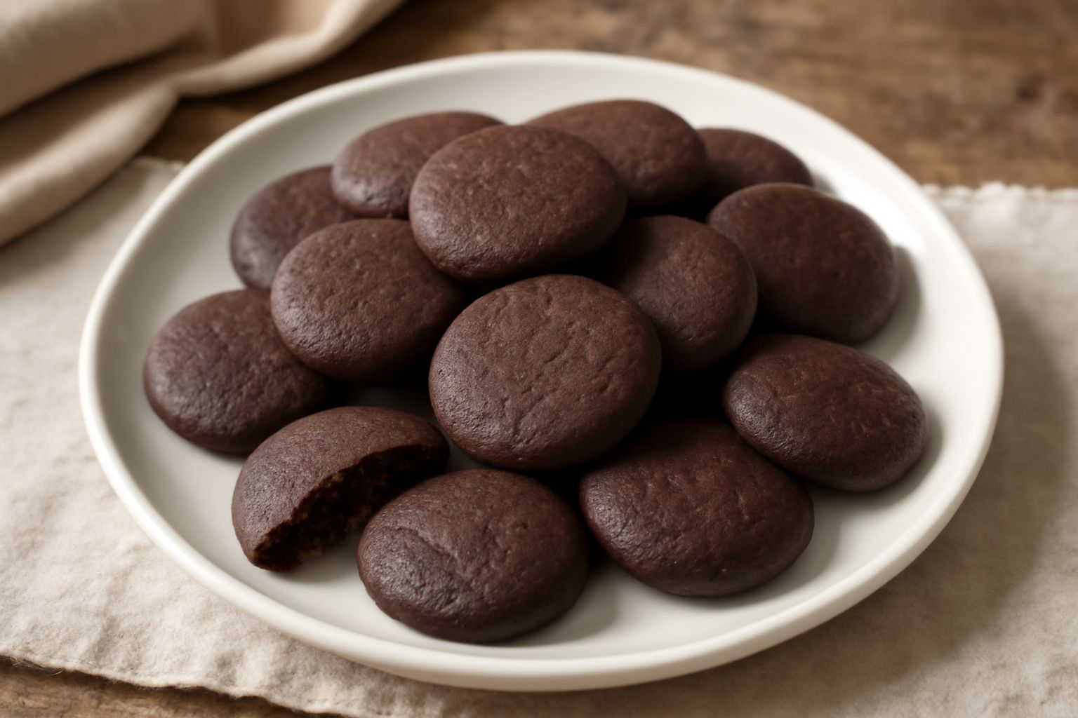 Biscottini tondi color marrone scuro disposti su piatto bianco, alcuni ancora caldi con leggera crosta, altri già raffreddati, accanto tazza di latte