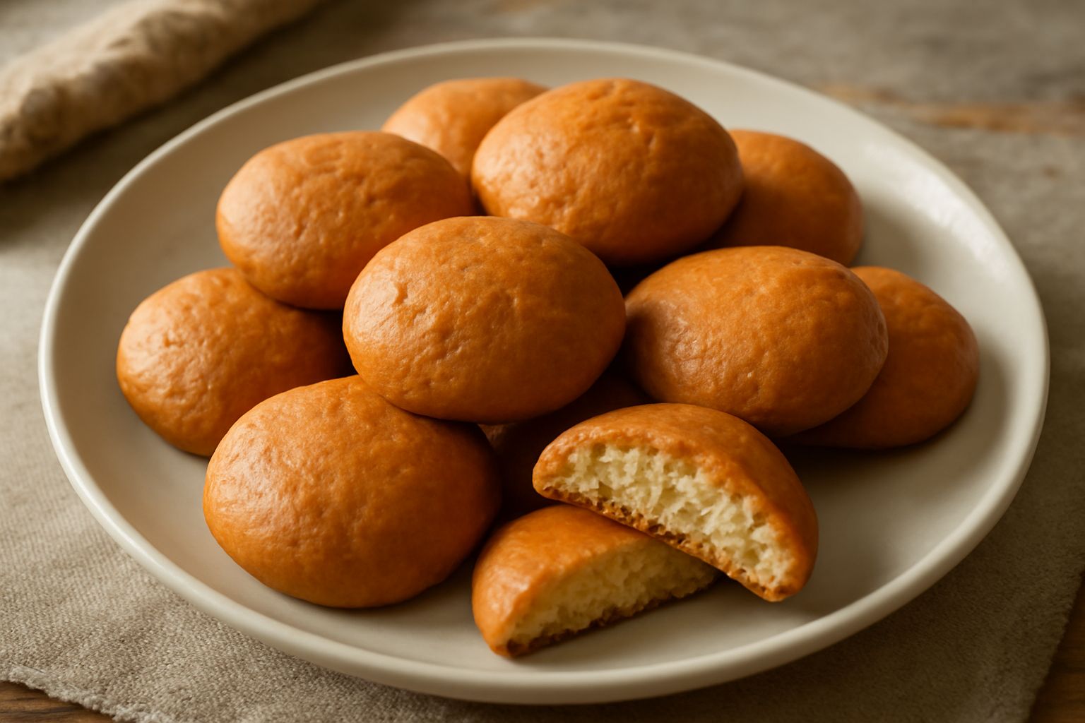 Biscottini al miele dorati e croccanti disposti su una carta bianca, con superficie liscia e colore ambrato uniforme, alcune briciole intorno