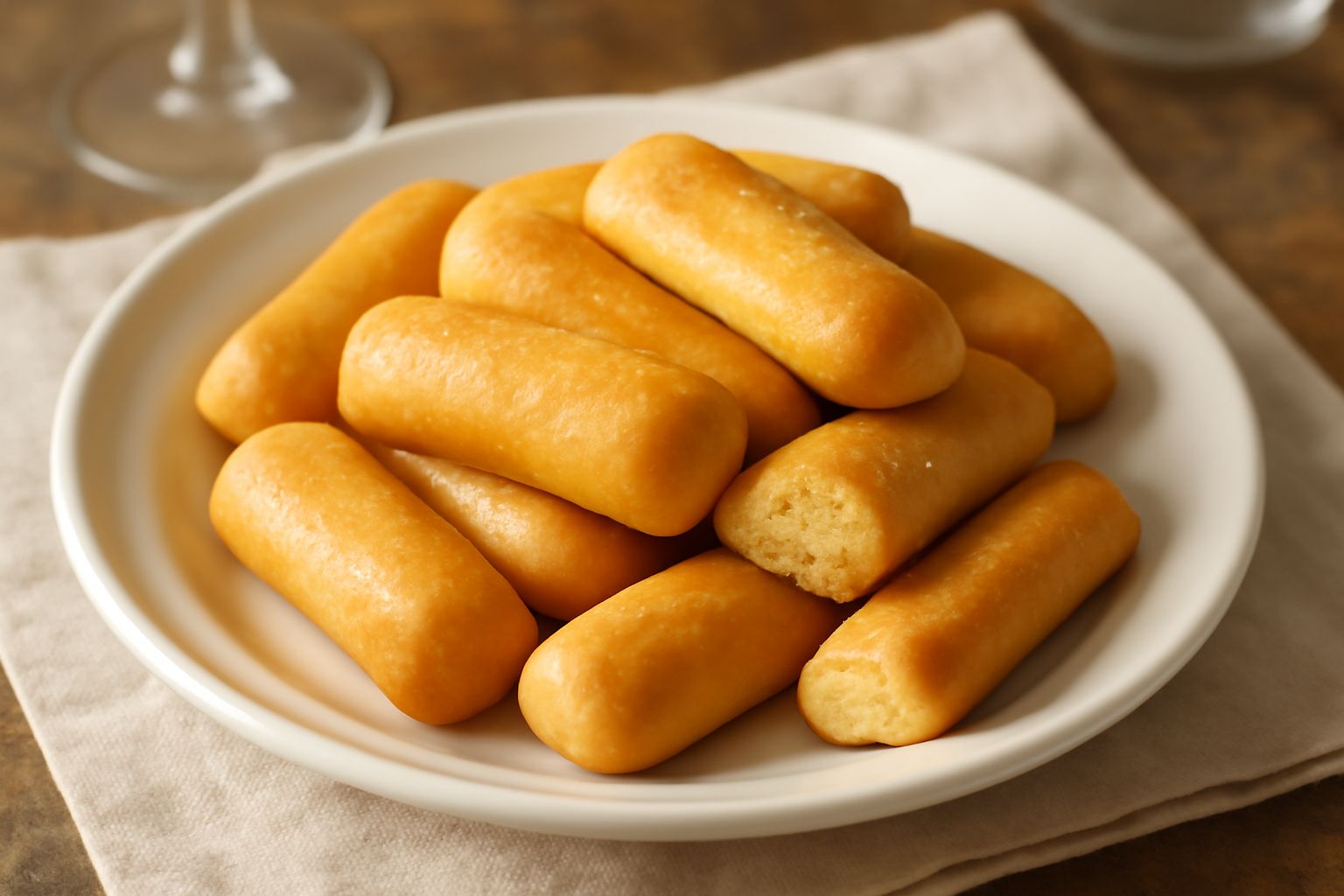 Biscottini al vino color oro dorato su un piatto bianco, ancora caldi, con una tazza di caffè di sfondo e alcune briciole sparse sulla superficie
