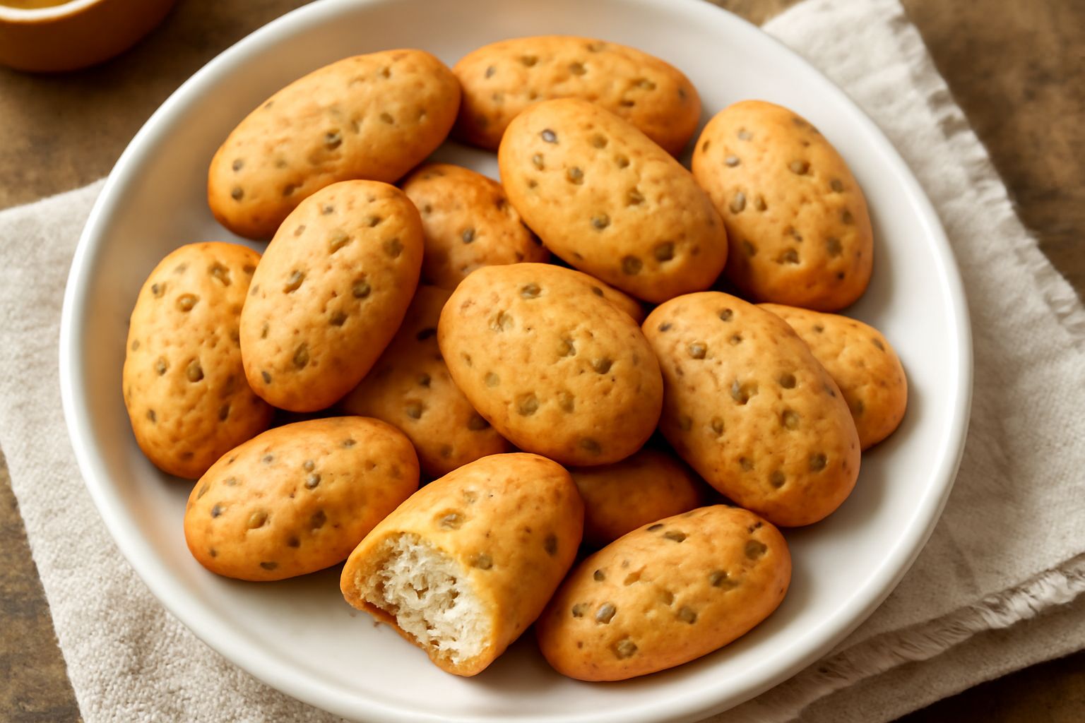 Biscottini all'anice dorati e croccanti disposti su piatto bianco, con semi di anice visibili sulla superficie, sfondo di tessuto lino grigio e una tazza di caffè sfocata