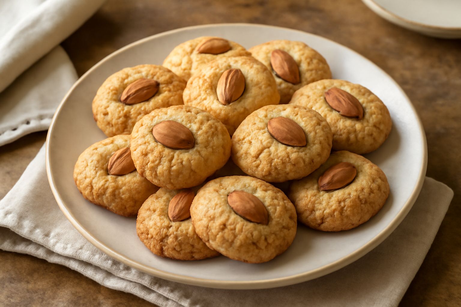 Biscottini alle mandorle dorati disposti a raggiera su un piatto bianco, con mandorle intere sparse intorno e una tazza di caffè di sfondo