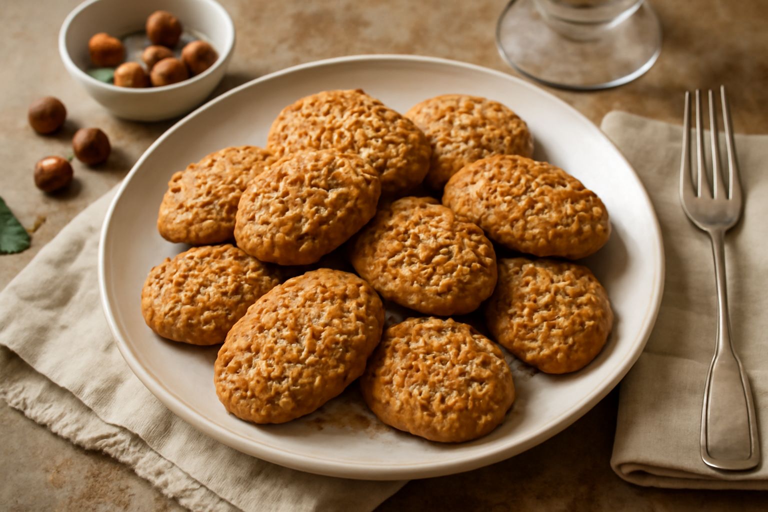 Biscottini dorati e croccanti alle nocciole, disposti in fila su un tavolo di legno, con frammenti di nocciola visibili in superficie e una sfumatura marrone dorato uniforme