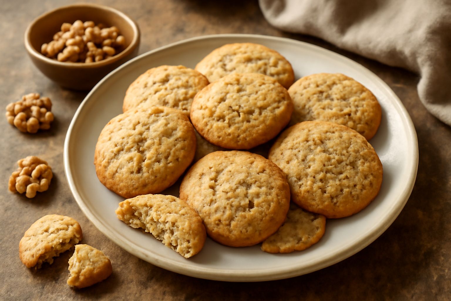 Una decina di biscottini alle noci disposti su un piatto bianco, dorati e croccanti, con visibili frammenti di noce tritata sulla superficie, due biscotti spezzati per mostrare l'interno chiaro e fria