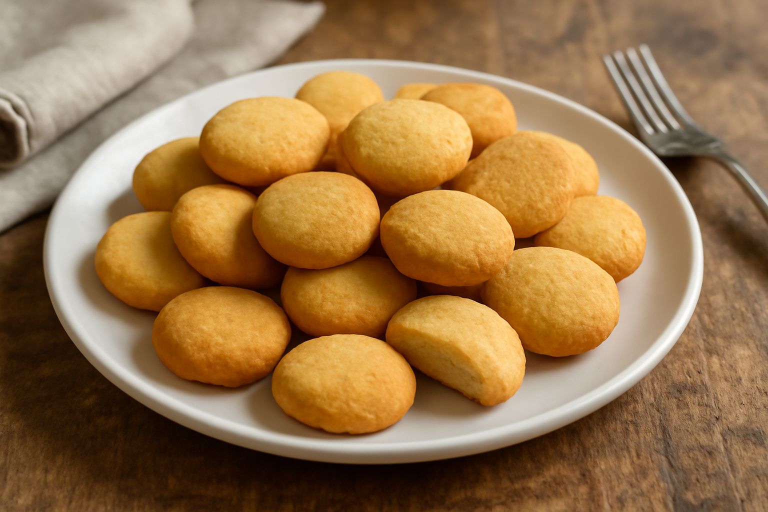 Circa venti biscottini tondi di colore dorato disposti su piatto bianco ovale, con superficie liscia e leggermente spianata, bordi ben delineati, nessuna guarnizione visibile