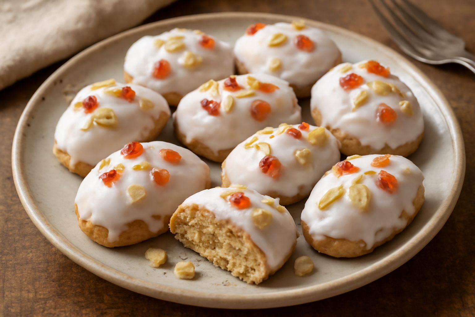 Biscottini cremonesi dorati e croccanti disposti su un piatto bianco, ricoperti di glassa bianca e frutta candita rossa, con mandorle visibili sulla superficie