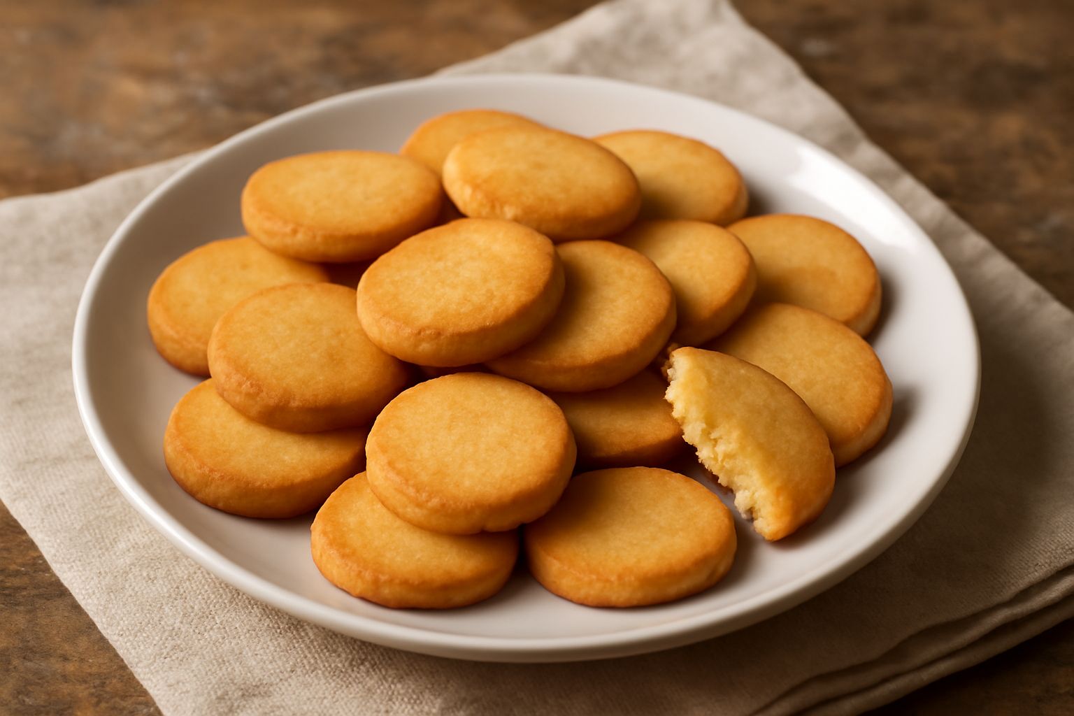 Una dozzina di biscottini da tè tondi e leggermente dorati con bordi croccanti, disposti su un piatto di ceramica bianca, accanto a una tazza di tè