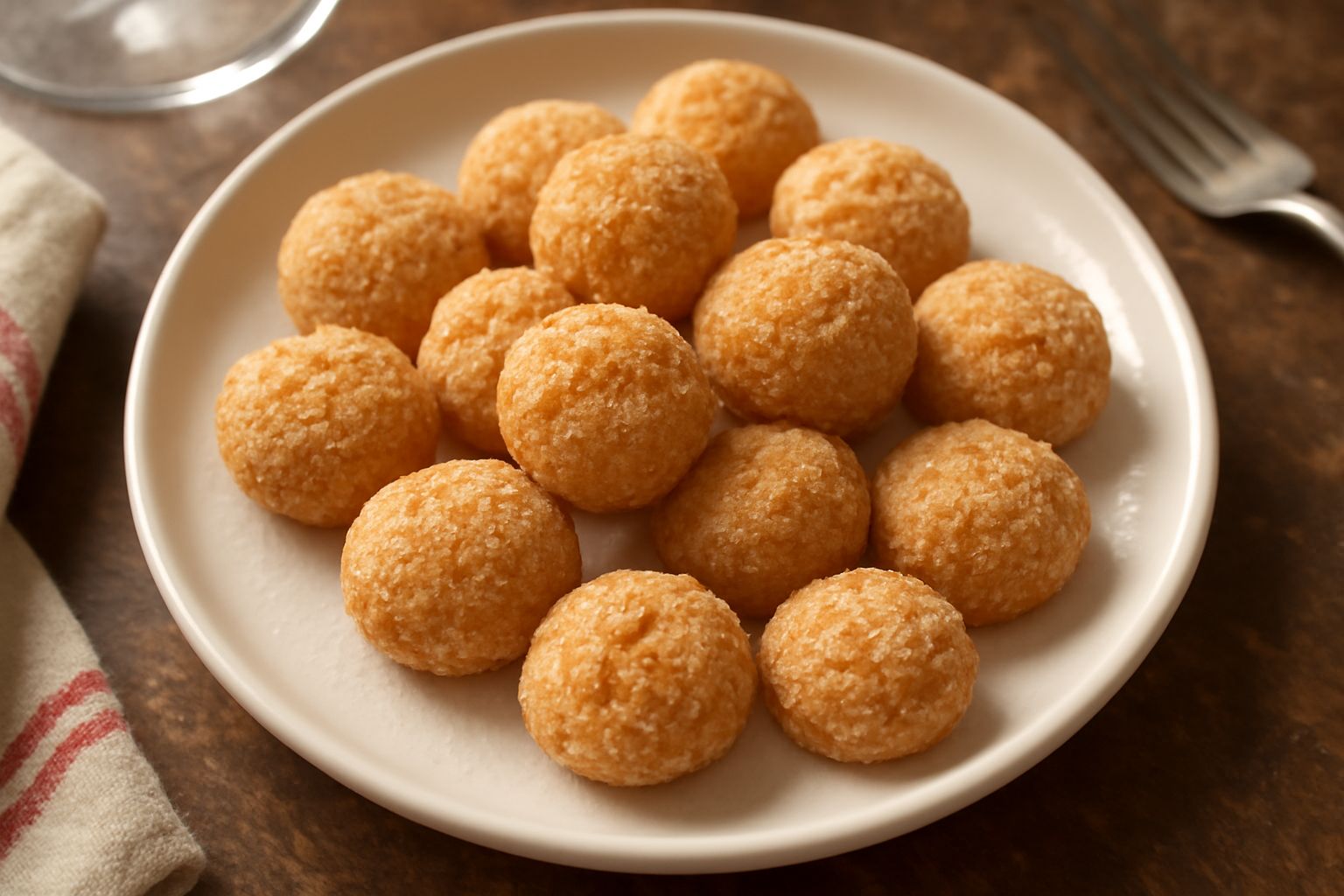 Biscottini del Ticino disposti su un piatto bianco, tondi e dorati con superficie granulosa, contorno sfumato di marrone scuro