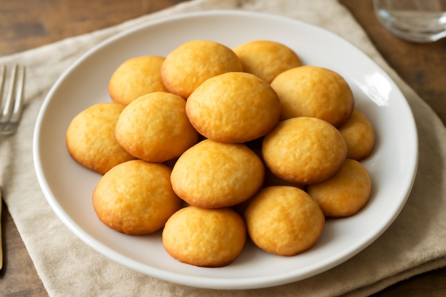 Una decina di biscottini color oro, tondi e leggermente bombati, posati su una carta da forno. Superficie croccante e lucida, bordi appena più scuri. In sottofondo una tazza bianca di caffè.