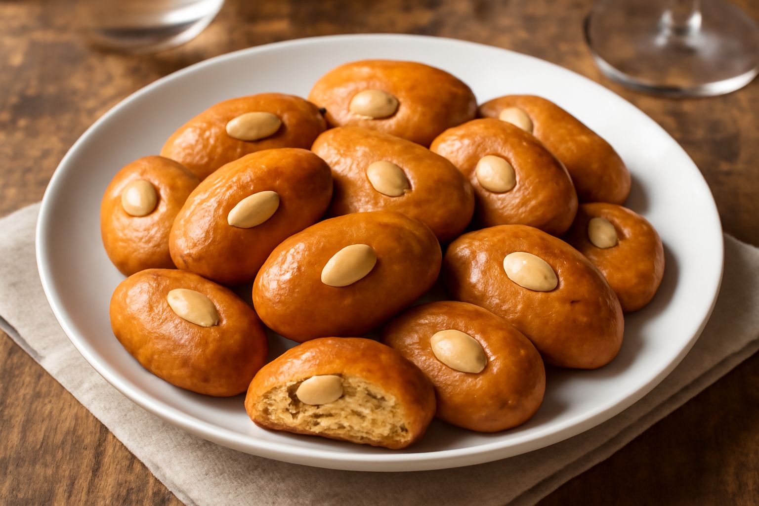 Biscottini di Alessandria dorati e croccanti disposti su piatto di ceramica bianca, con mandorle intere visibili, accanto a tazza di caffè e miele in ciotola