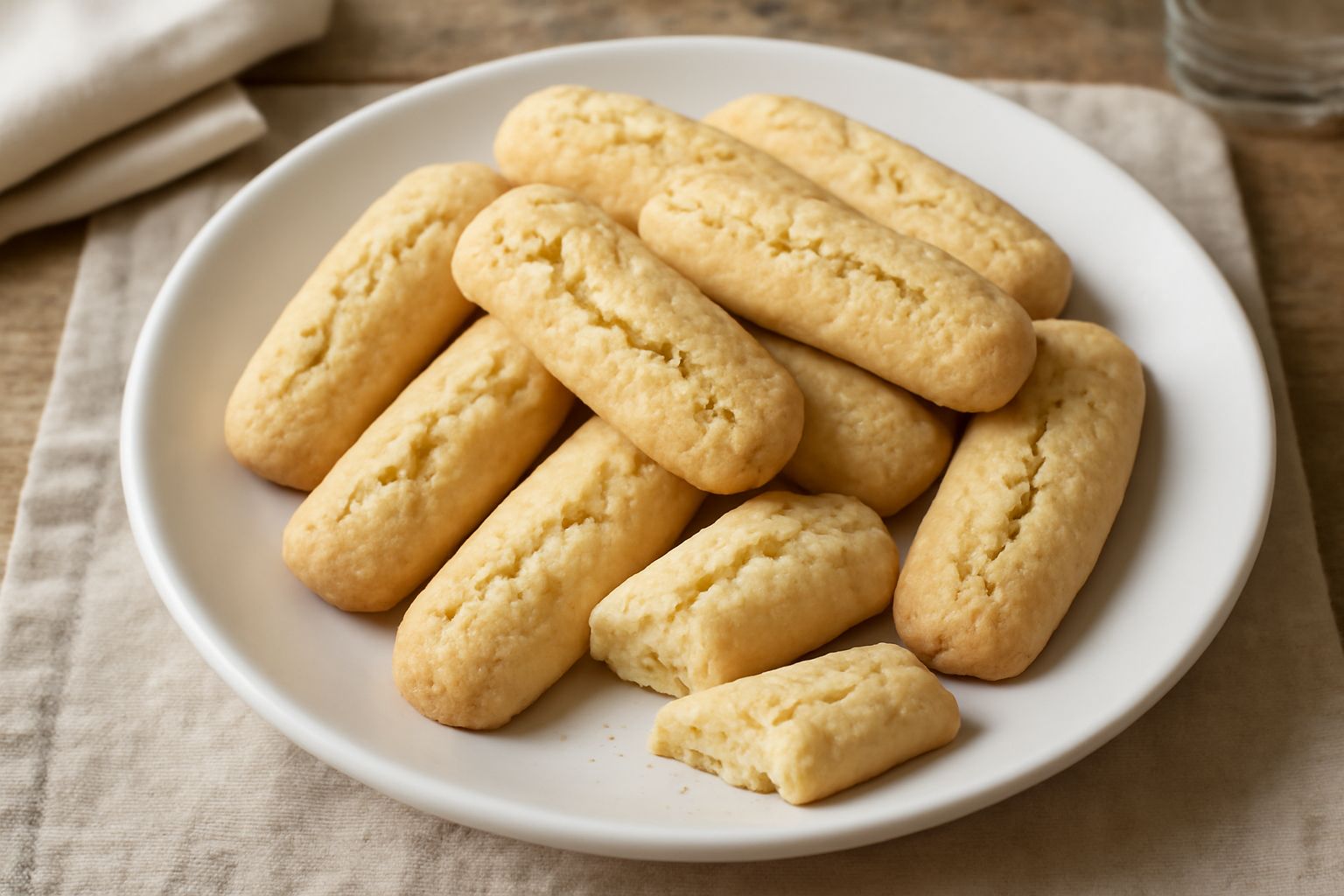 Una decina di biscottini color avorio disposti su un piatto bianco, con superficie dorata e una leggera incrinatura nella parte superiore, accanto a una tazza di caffè nero