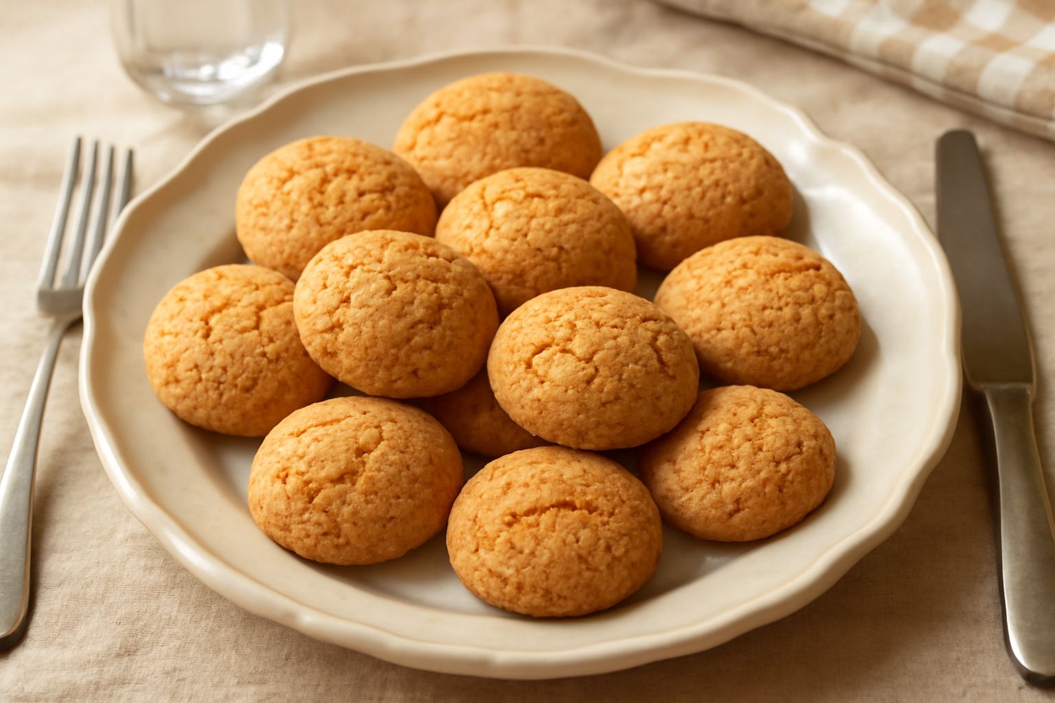 Dieci biscottini di Anghiari disposti su una ciotola di ceramica bianca, dorati e croccanti, con superficie liscia e leggermente screpolata, accompagnati da un filo d'anice stellato e una tazza di caf