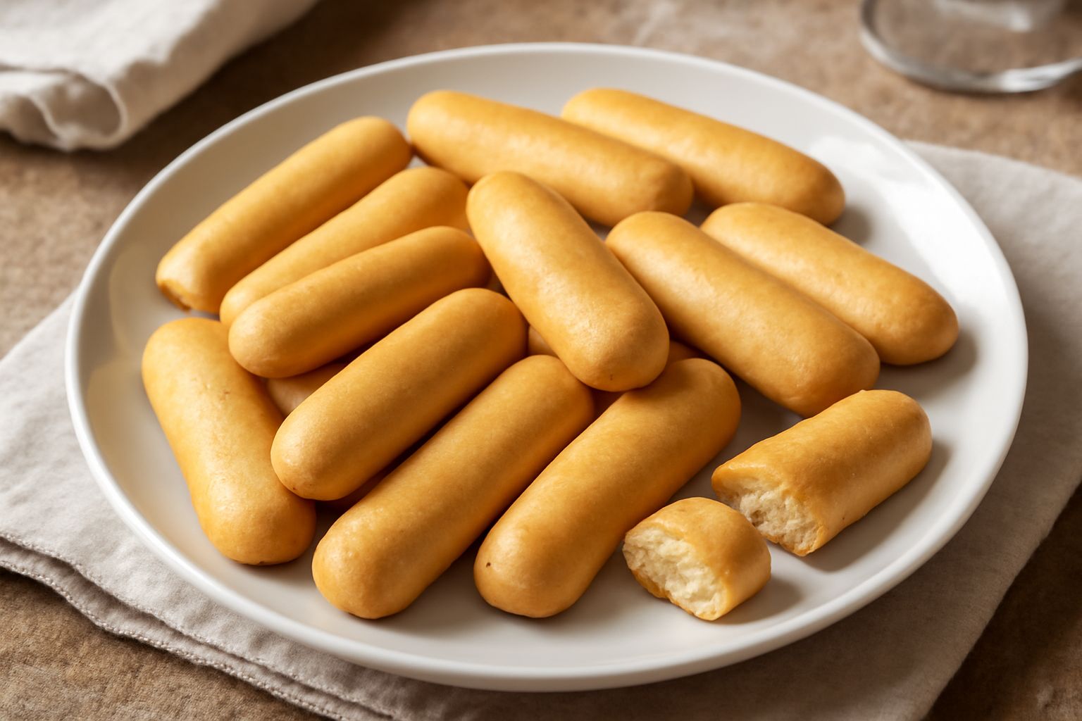 Biscottini di anice disposti su una superficie bianca, dorati e croccanti, profumati di anice stellato, alcuni leggermente inclinati, uno spezzato mostra l'interno friabile e compatto