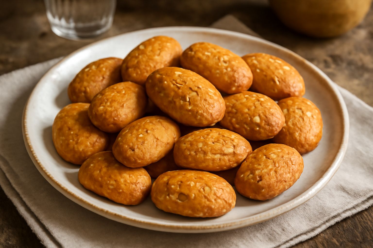Biscottini di Assisi dorati e croccanti disposti su un piatto bianco, con frammenti di mandorla visibili sulla superficie, sfondo neutro