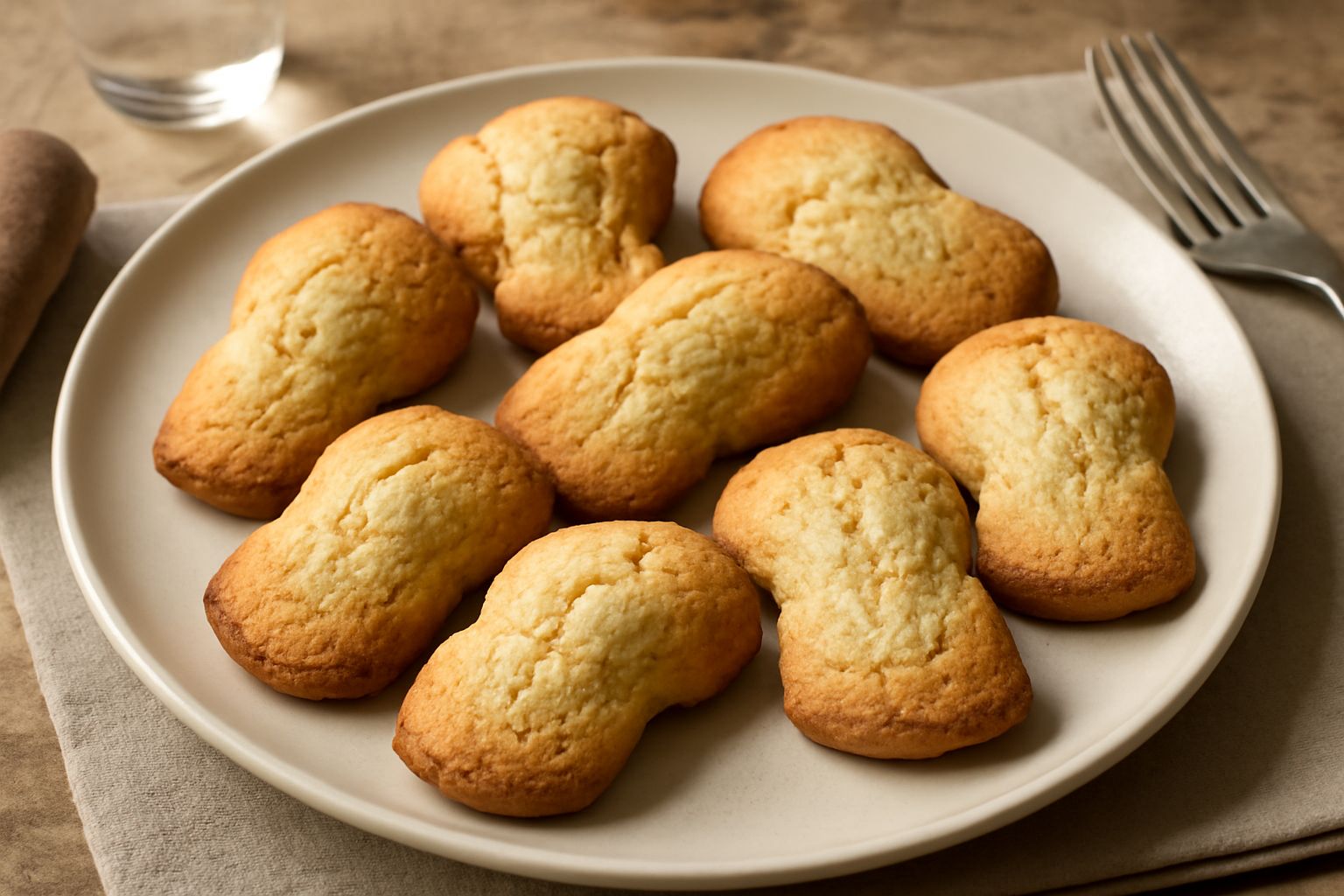 Biscottini di Castiglione dalle spalle dure dorate e centro beige soffice, disposti in fila su piatto bianco con tazza di caffè sfocata sullo sfondo