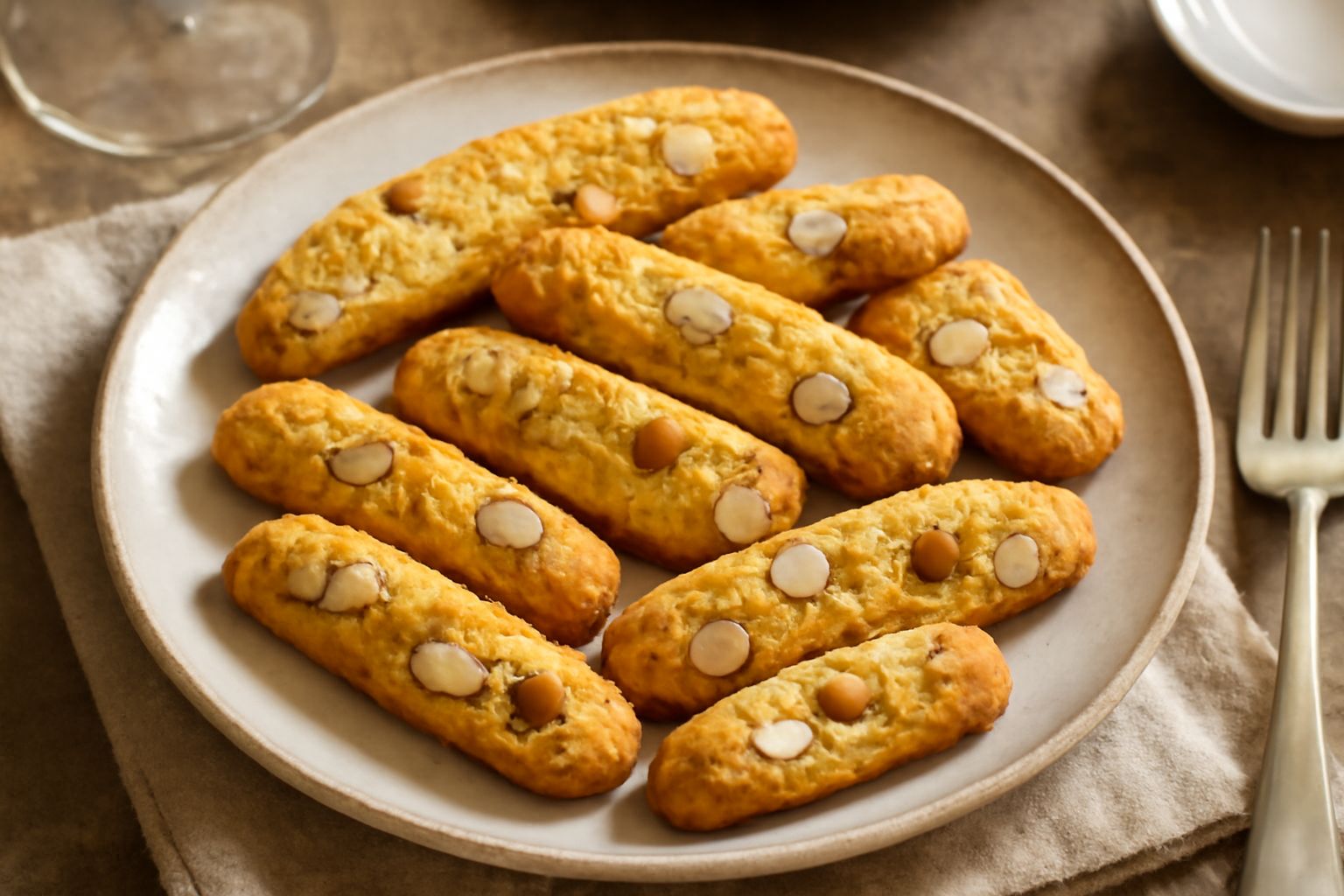 Biscottini di Cherasco dorati e croccanti disposti in una scatola di latta bianca, con mandorle e nocciole visibili sulla superficie, su un tavolo di legno naturale con una tazza di caffè sfocata sull