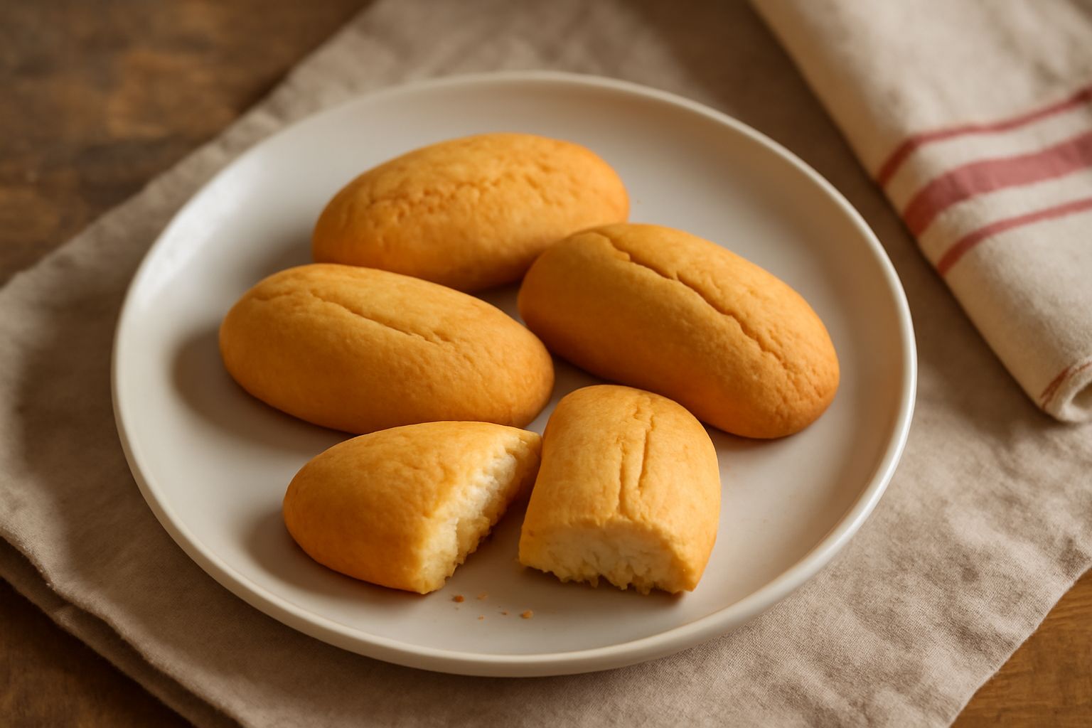 Biscottini di Como dorati e croccanti su un piatto bianco, con bordi leggermente più scuri, impilati in gruppo, con sfondo sfocato di tazze di caffè