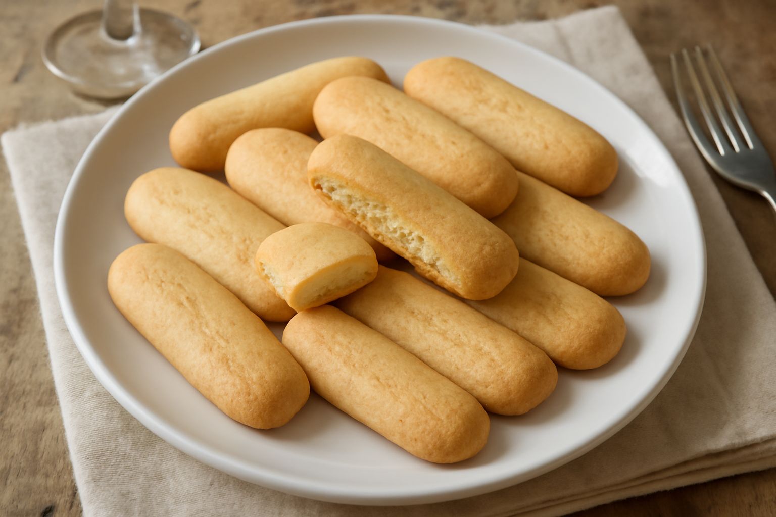 Una decina di biscottini di Cormano dorati e croccanti disposti a ventaglio su un piatto bianco, con una tazza di caffè sfocata sullo sfondo