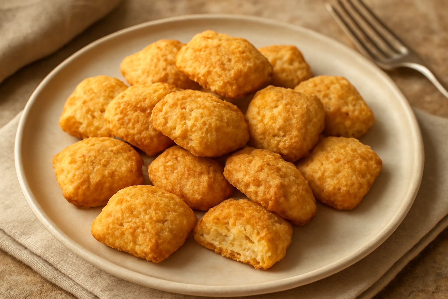 Biscottini dorati e croccanti disposti a piramide su un piatto bianco, con briciole dorate intorno, accanto a una tazza di caffè bianca