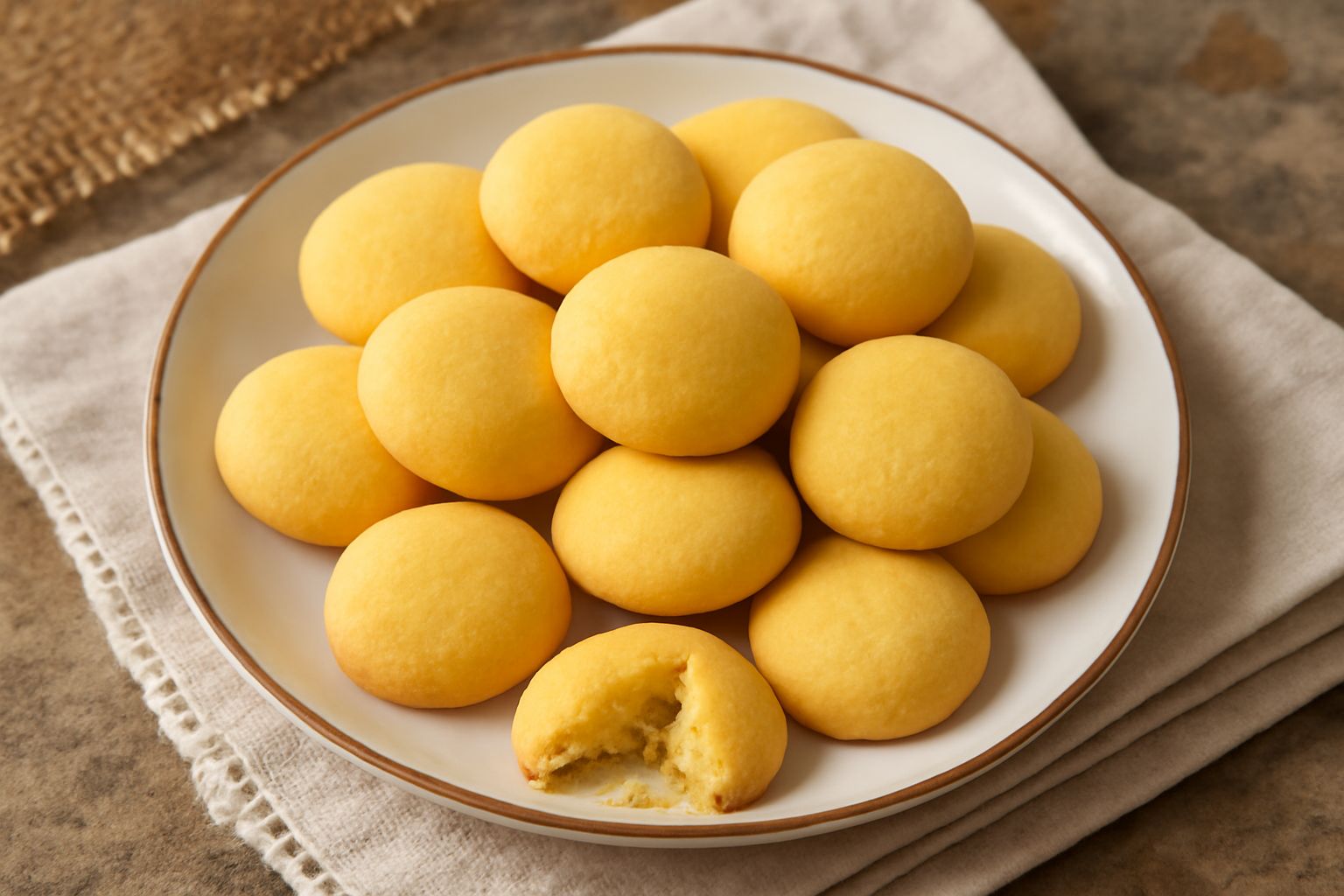 Biscottini gialli dorati di farina di mais disposti su un piatto bianco, con bordi leggermente scuri, dal profilo friabile e compatto, accanto a una tazza di caffè grigia
