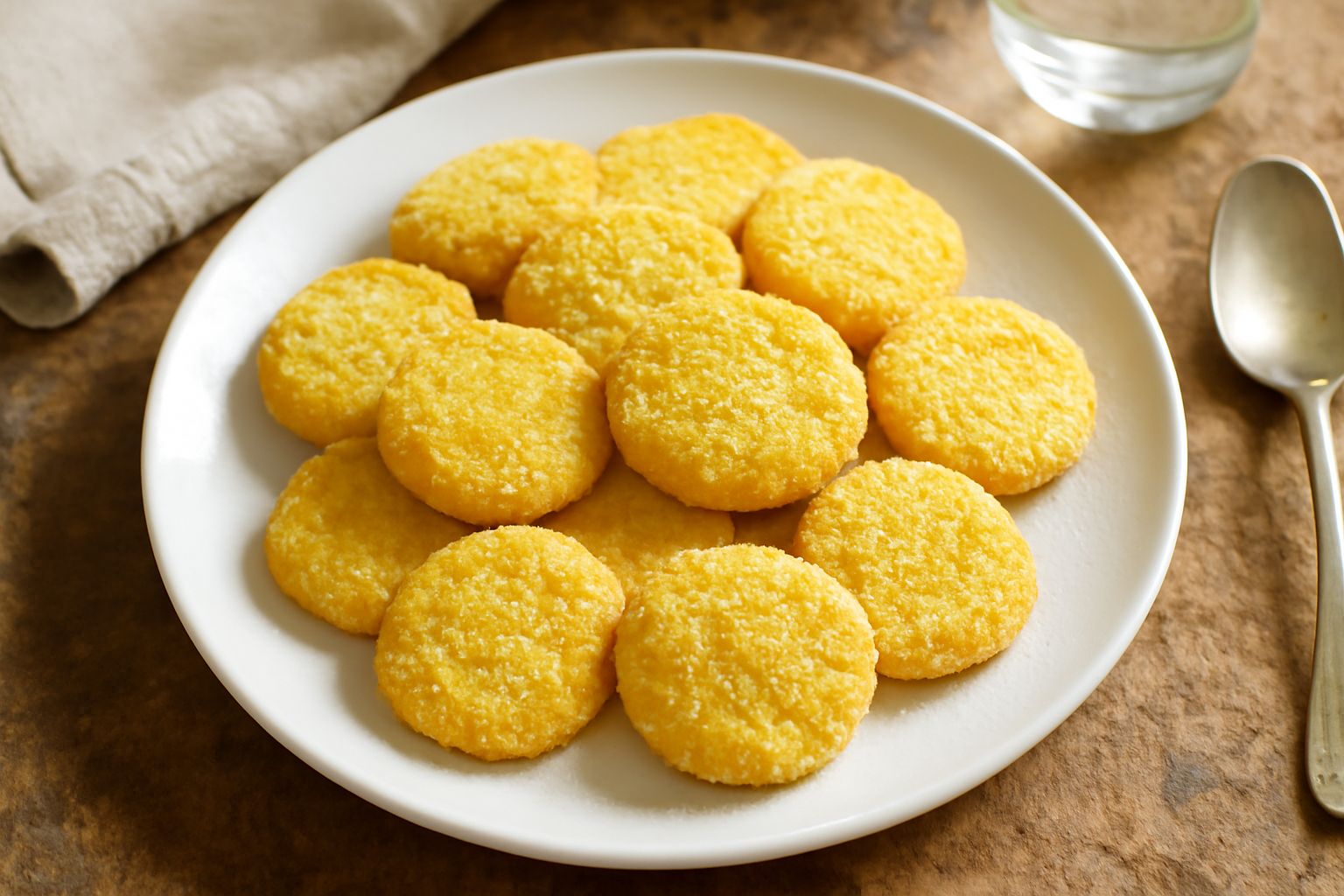 Una pila di biscottini di farina gialla dorati e croccanti su un piatto bianco, con una tazza di caffè e una manciata di nocciole intorno