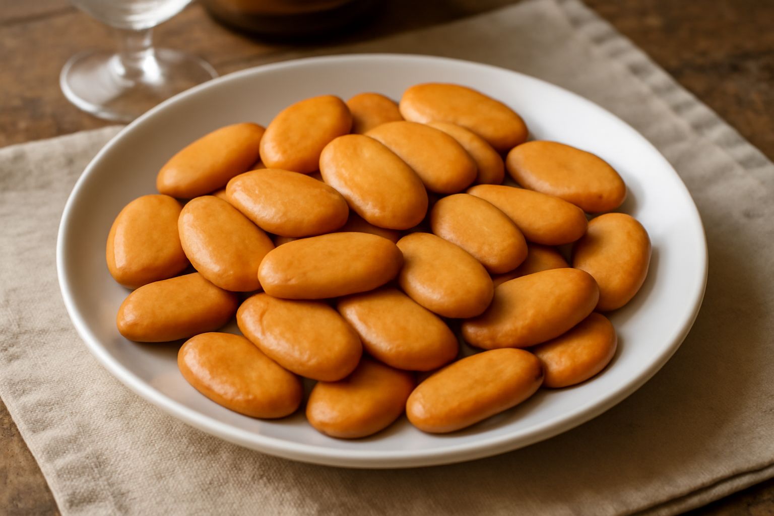 Una manciata di biscottini di Ferrara dorati e croccanti disposti su un piatto bianco, con una tazza di caffè sfuocato sullo sfondo e miche di pane scuro accanto