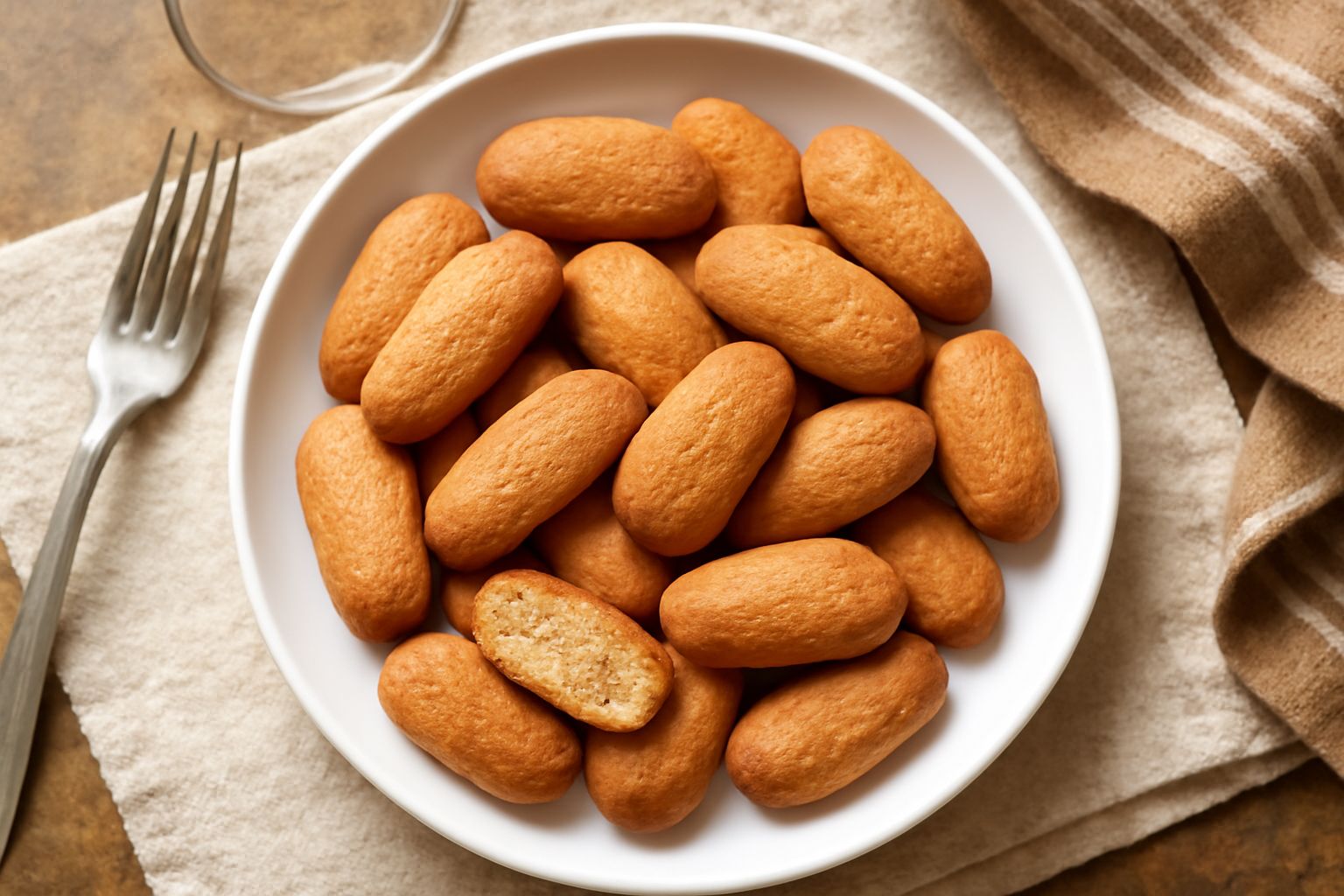 Biscottini di Foligno dorati e croccanti disposti su un piatto bianco, con superficie leggermente irregolare e colore nocciola uniforme