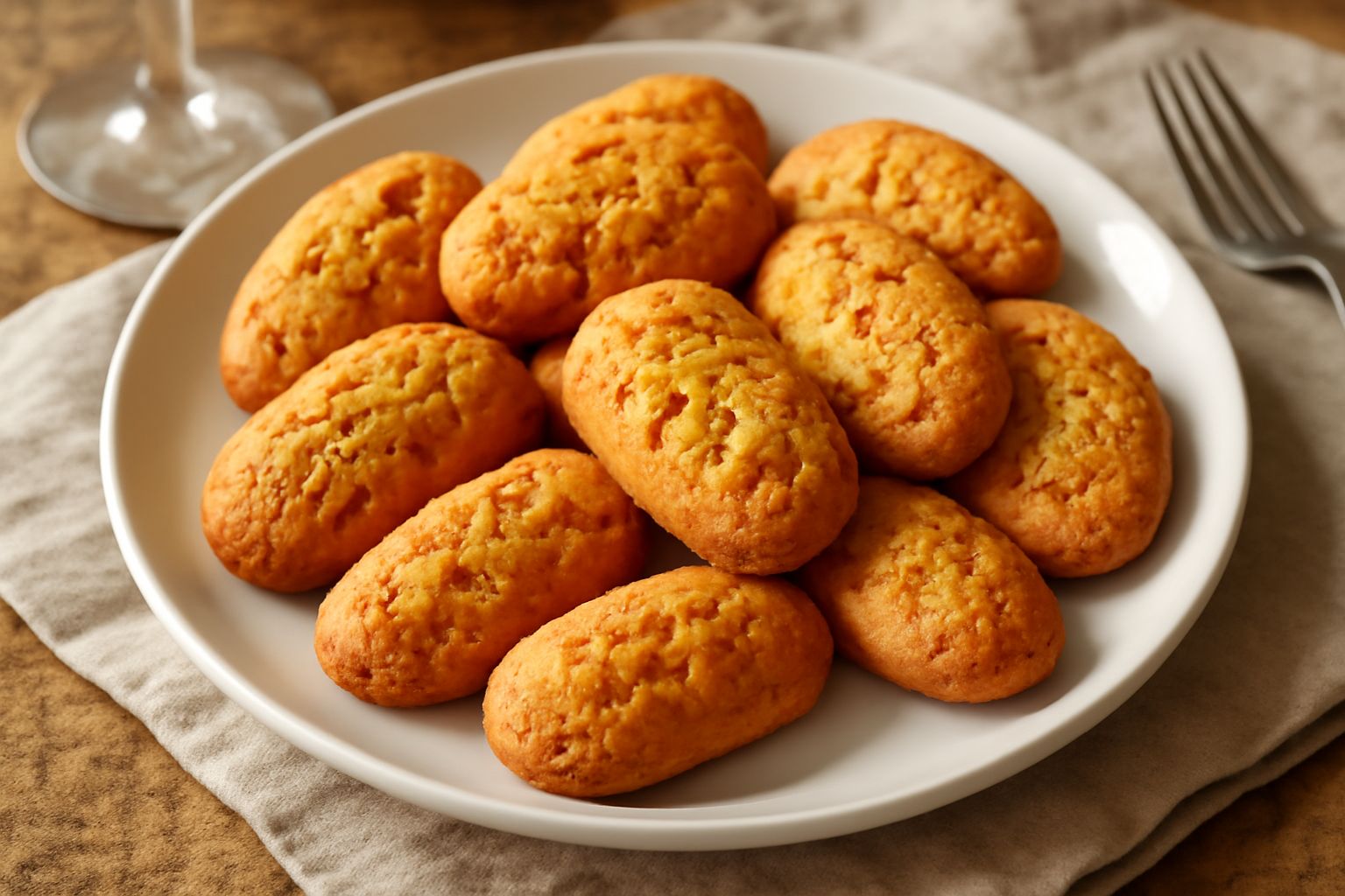 Biscottini di Frosinone color dorato disposti in fila su un piatto bianco, croccanti con visibili frammenti di mandorla, contorni lisci e forma ovale allungata