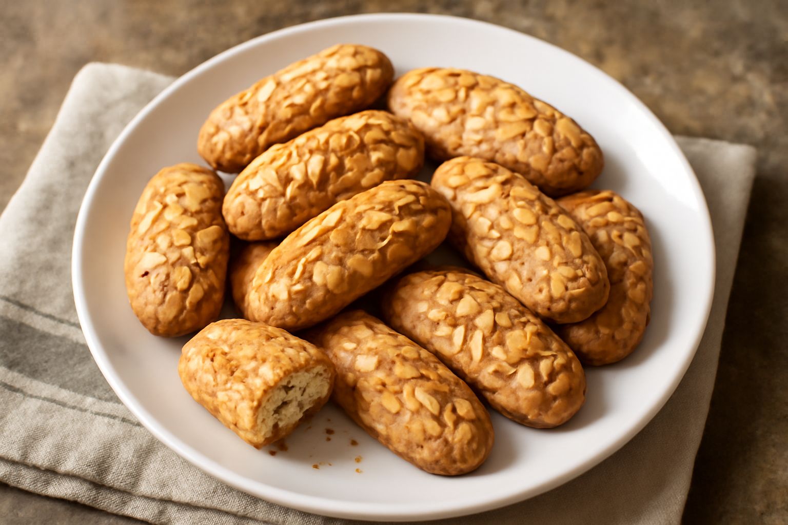 Biscottini di Lecco disposti su un piatto bianco, ovali e leggermente dorati, con visibili schegge di mandorla sulla superficie, accanto a una tazza di caffè scuro