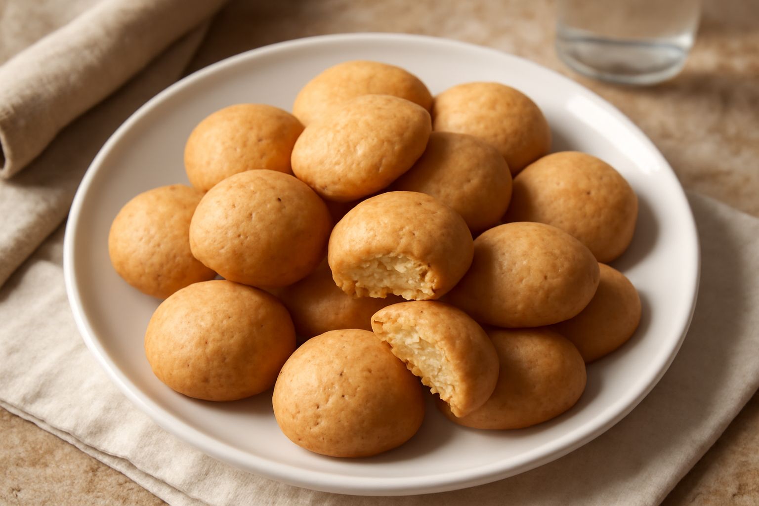 Biscottini dorati disposti su una superficie bianca, di forma tonda e leggermente bombati, friabili e croccanti in apparenza, con superficie uniforme color nocciola chiaro