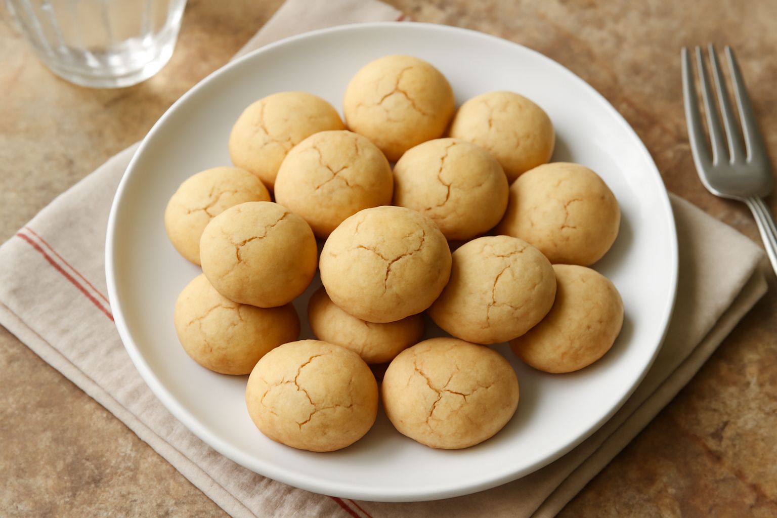 Biscottini tondi e dorati disposti su un piatto bianco, con superficie leggermente screpolata e colore marrone chiaro uniforme