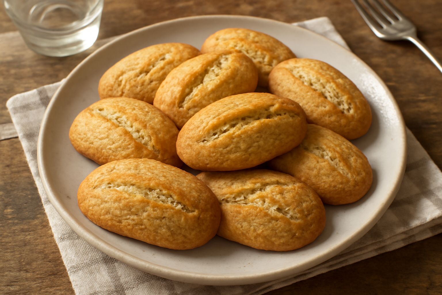 Una ventina di biscottini di forma ovale e piccoli, color dorato scuro, disposti ordinatamente su un piatto bianco. Superficie friabile e leggera, con pieghe sottili dovute alla cottura. Accanto una t