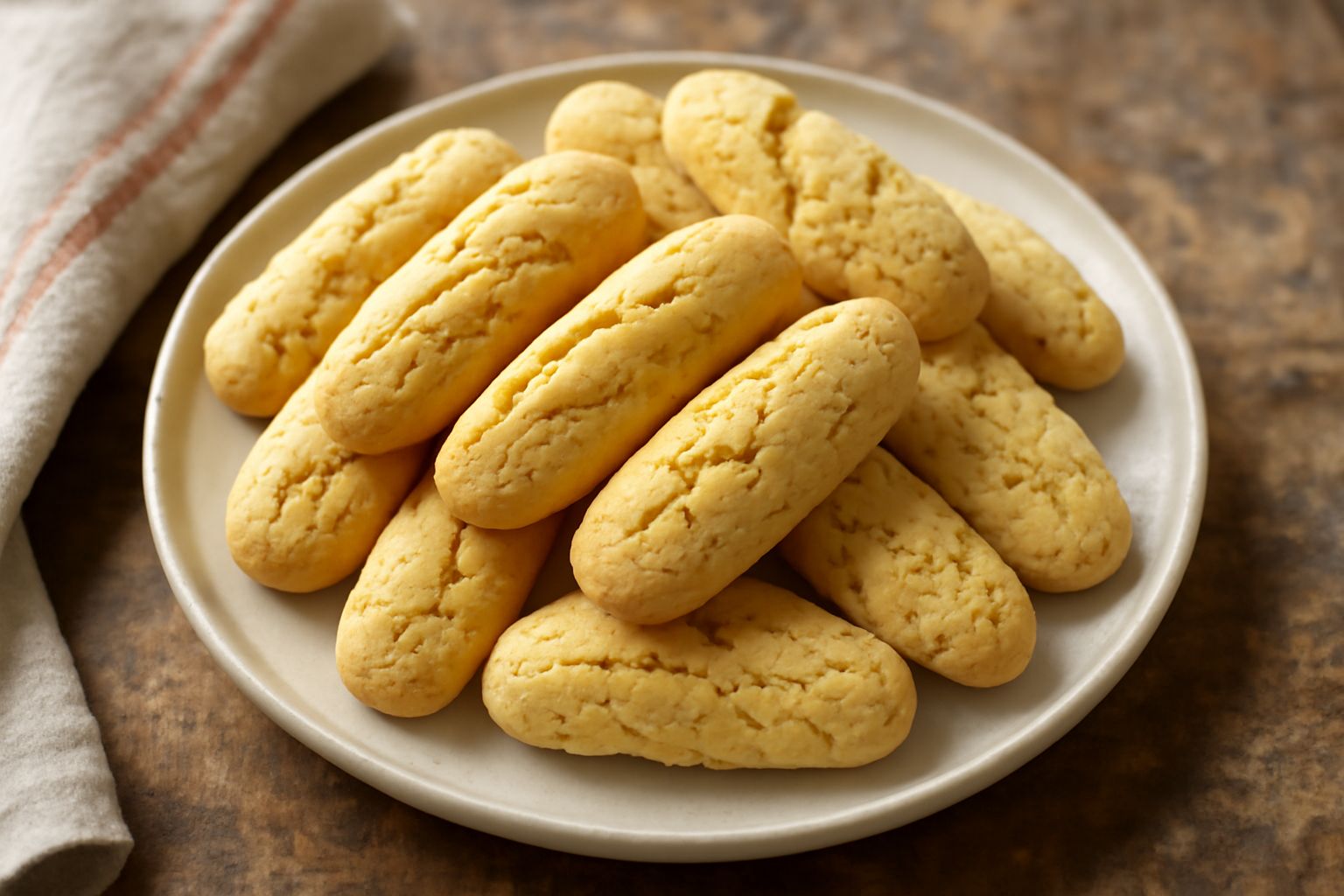 Biscottini color paglierino dorati impilati in una ciotola di ceramica, superficie croccante e porosa, semi di anice visibili, sfondo neutro bianco