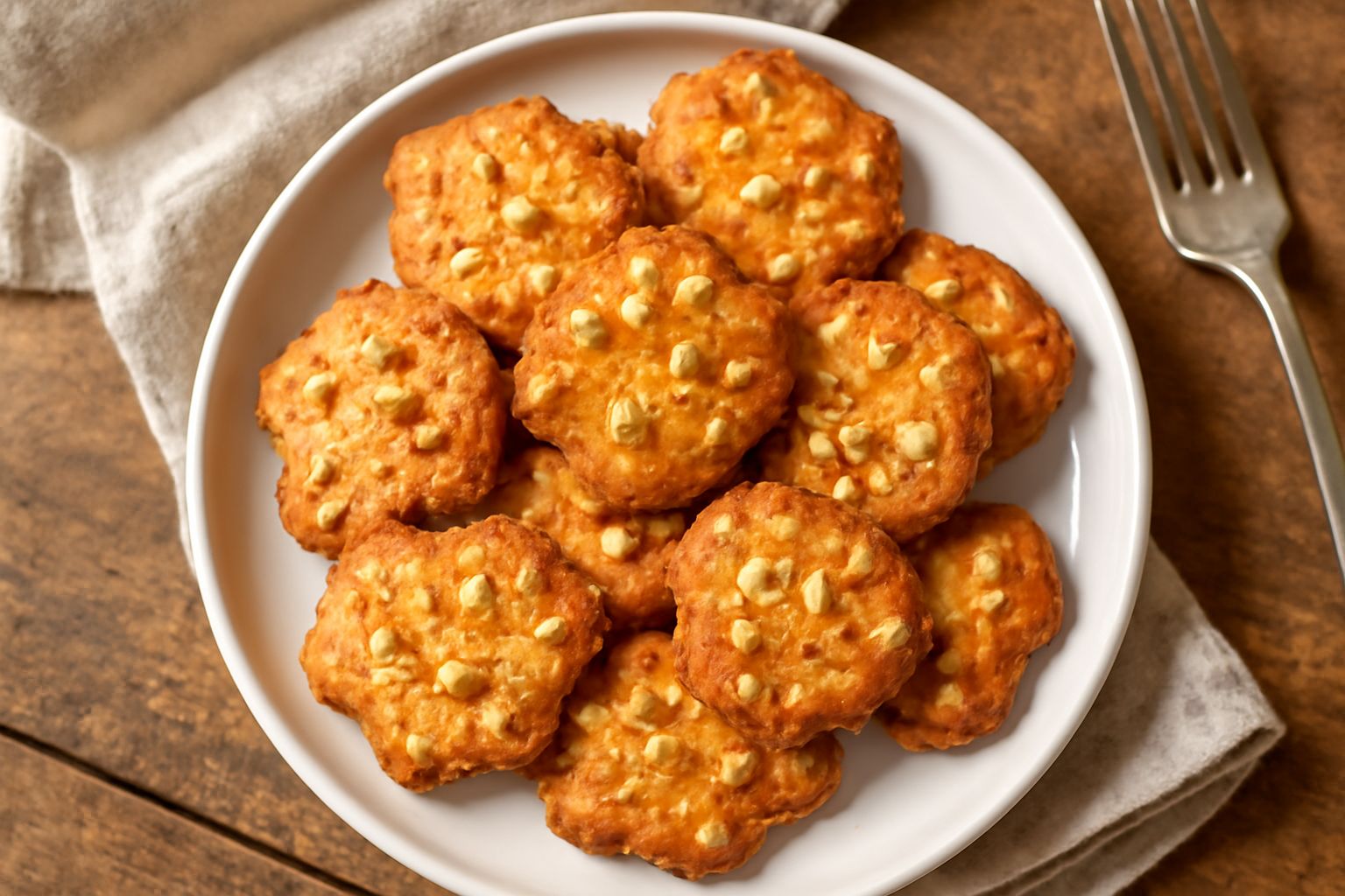 Biscottini di Monterosso dorati e croccanti disposti su un piatto bianco, con mandorle visibili sulla superficie, accanto a una tazza di caffè bianco e un cucchiaio di legno