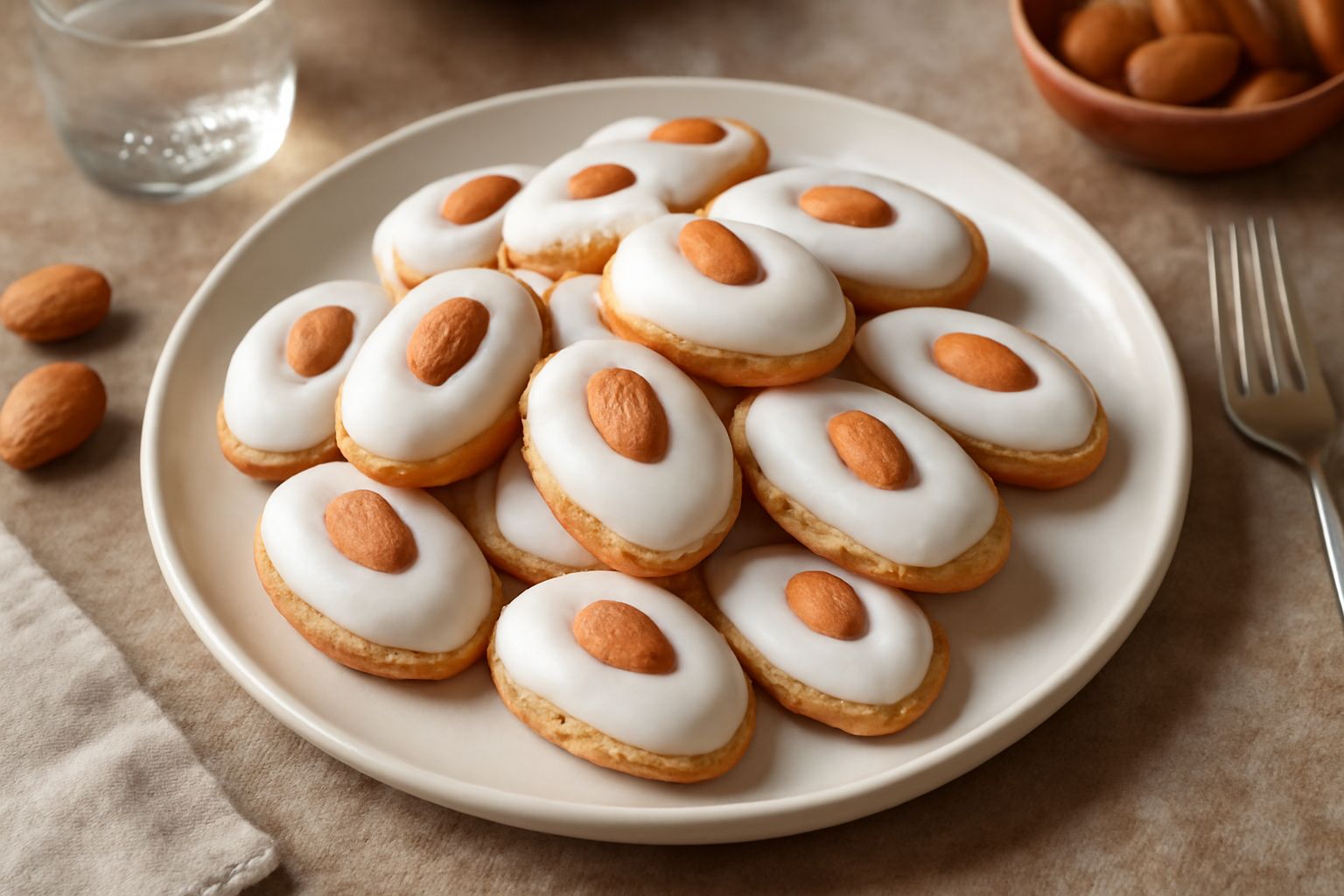 Una dozzina di biscottini di Monza disposti su una superficie bianca, ricoperti di glassa bianca opaca con mandorle intere visibili, dalla forma oblungaокругедolata, accanto a una tazza di caffè