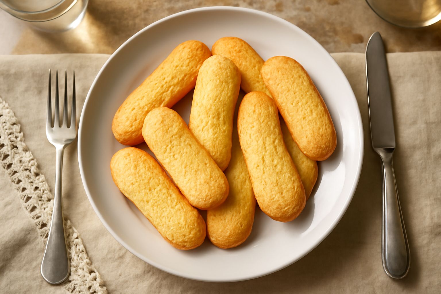 Biscottini dorati e croccanti disposti su un piatto bianco, alcuni sovrapposti, con pieghe leggere, accanto a una tazza di caffè nero in sottofondo sfocato
