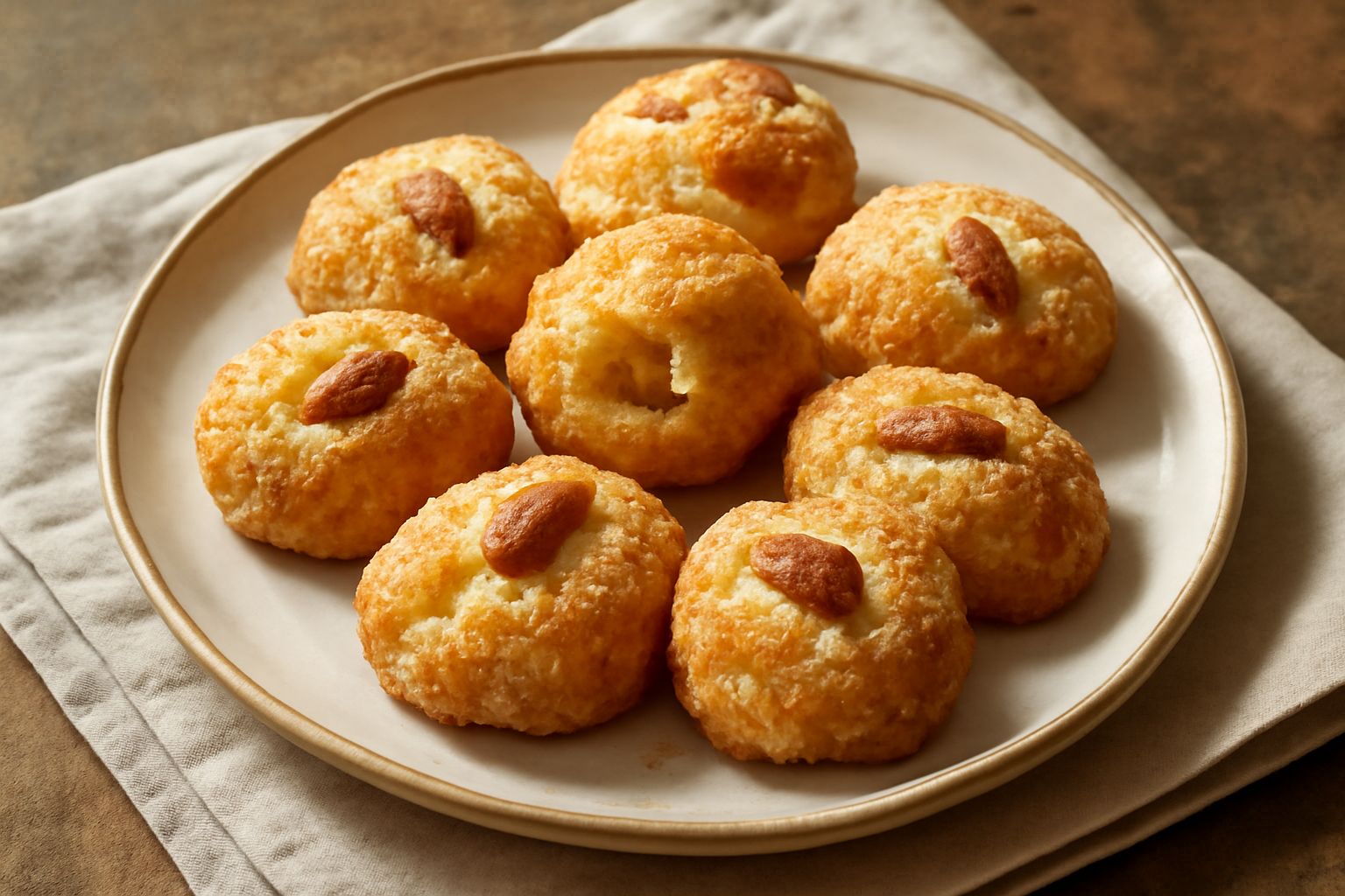 Biscottini di Ovada dorati e croccanti disposti su una carta bianca, con mandorle intere visibili sulla superficie e una leggera polverina di zucchero, accanto una tazza di caffè scuro