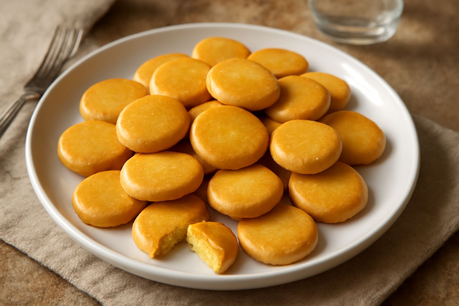 Una decina di biscottini di Parma color oro chiaro, tondi e croccanti, disposti su un piatto bianco di ceramica con una tazza di caffè sfocata sullo sfondo
