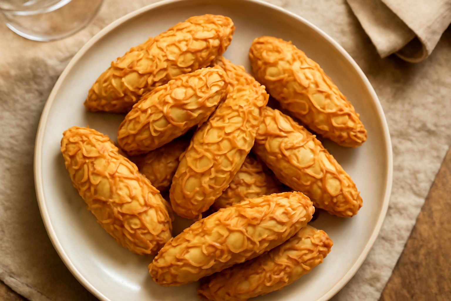 Biscottini di Pavia disposti su un piatto bianco, di forma allungata e ovale, ricoperti di mandorle sfilettate tostate color avorio, con superficie dorata e leggermente irregolare, sfondo grigio natur